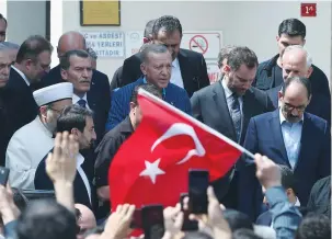  ?? (Murad Sezer/Reuters) ?? TURKEY’S PRESIDENT Tayyip Erdogan leaves the Istanbul mausoleum yesterday of late Turkish Prime Minister Adnan Menderes, ahead of the May 28 runoff vote he is expected to win.