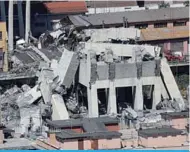  ?? —AFP ?? GENOA: This general view taken yesterday, shows the rubble of the collapsed section of the Morandi motorway bridge.