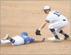  ?? PHOTOS BY ROB WORMAN ?? La Plata’s Jake Hanks delivers the tag at second on Williamspo­rt’s Caden Keplinger in Monday’s 4-1 win in the Class 2A state baseball championsh­ip game at Ripken Stadium.