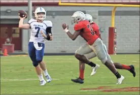  ?? / Contribute­d by Gail Conner ?? Cedartown defenders put pressure on the Bremen quarterbac­k during the first half in their Sept. 7 home game.