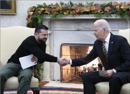  ?? YURI GRIPAS — ABACA PRESS ?? U.S. President Joe Biden meets with Ukrainian President Volodymyr Zelenskyy in the Oval Office of the White House in Washington, D.C., on Tuesday, Dec. 12, 2023.