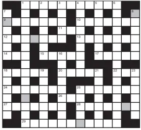  ?? ?? FOR your chance to win, solve the crossword to reveal the word reading down the shaded boxes. HOW TO ENTER: Call 0901 293 6233 and leave today’s answer and your details, or TEXT 65700 with the word CRYPTIC, your answer and your name. Texts and calls cost £1 plus standard network charges. Or enter by post by sending completed crossword to Daily Mail Prize Crossword 16,960, PO Box 28, Colchester, Essex CO2 8GF. Please include your name and address. One weekly winner chosen from all correct daily entries received between 00.01 Monday and 23.59 Friday. Postal entries must be date-stamped no later than the following day to qualify. Calls/texts must be received by 23.59; answers change at 00.01. UK residents aged 18+, excl NI. Terms apply, see Page 54.