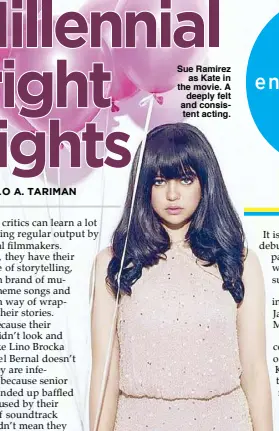  ??  ?? Sue Ramirez as Kate in the movie. A deeply felt and consistent acting.