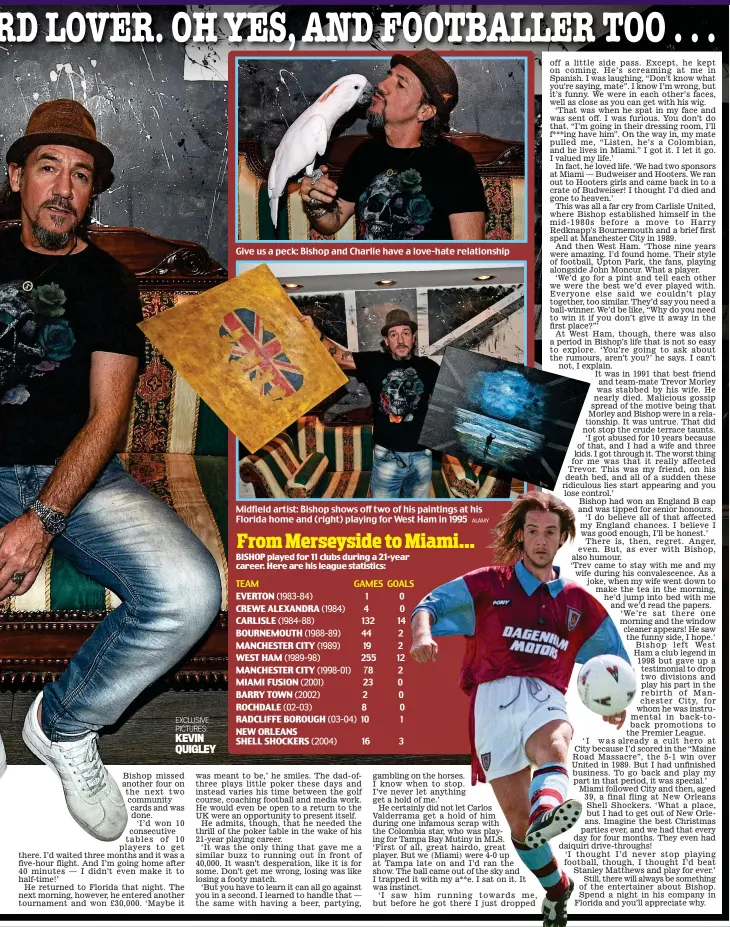  ?? EXCLUSIVE PICTURES: KEVIN QUIGLEY ALAMY ?? Give us a peck: Bishop and Charlie have a love-hate relationsh­ip
Midfield artist: Bishop shows off two of his paintings at his Florida home and (right) playing for West Ham in 1995