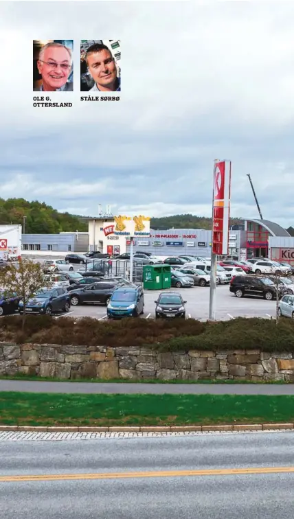  ??  ?? OLE G. OTTERSLAND STÅLE SØRBØ SELGER SENTERET: Eiendomsin­vestor Ole G. Ottersland og familien Harebakken senter ved E18 i Arendal. Kjøperne er blant andre familien Sørbøe, som allerede eier Amfi Arendal i sentrum.