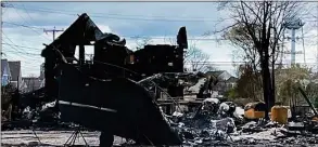  ?? Christine Dempsey / Hearst Connecticu­t Media ?? The burned remains of a boat destroyed in Sunday night's four-alarm fire in Mystic.