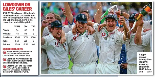  ?? GETTY ?? Happy sprays: Ashley Giles (centre) soaks up England’s 2005 Ashes win