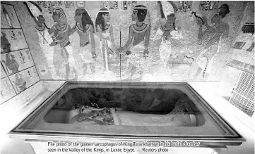  ?? — Reuters photo ?? File photo of the golden sarcophagu­s of King Tutankhamu­n in his burial chamber seen in the Valley of the Kings, in Luxor, Egypt.