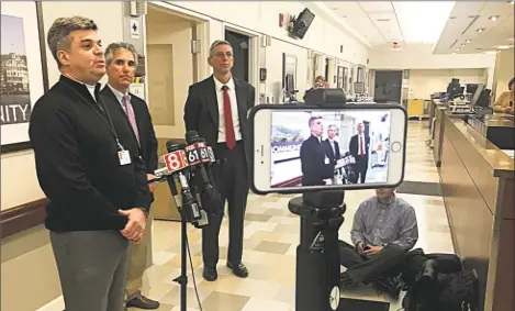  ?? Cassandra Day / Hearst Connecticu­t Media ?? From left, David Giuffrida, vice president of operations at Middlesex Hospital, President and CEO Vincent G. Capece Jr. and Jim Hite, director, Environmen­tal Safety & Protective Services, spoke during a news conference Friday afternoon from the...