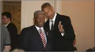  ?? Alan Riquelmy / Rome News-tribune ?? Former congressma­n Allen West (left) speaks with Floyd County Commission­er John Mayes at Thursday’s inaugural Ronald Reagan Dinner. West was the keynote speaker at the Republican gathering. Mayes, who isn’t running for reelection, was honored with a...