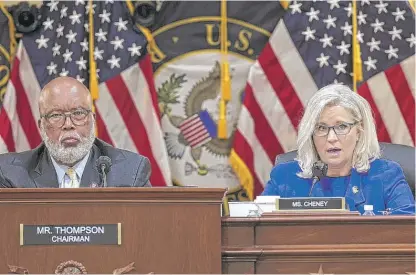  ?? WIN MCNAMEE/GETTY IMAGES ?? Rep. Bennie Thompson, D-Miss., and Rep. Liz Cheney, R-Wyo., preside over a hearing Thursday on the Jan. 6, 2021, riot at the Capitol. The committee will present its findings in a series of televised hearings.