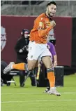  ?? SPECTATOR FILE PHOTO ?? David Choiniere celebrates his shootout goal during semifinal action with Montreal FC. Choiniere was named the Canadian Premier League’s player of the month on Tuesday.