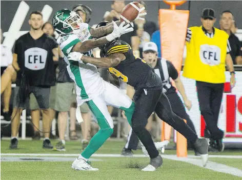  ?? THE CANADIAN PRESS ?? Saskatchew­an Roughrider­s wide receiver Caleb Holley made his CFL debut on Saturday against the Hamilton Tiger-Cats.