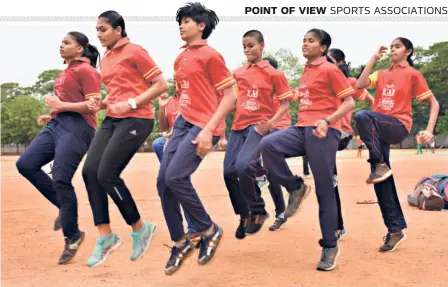  ?? T. VIJAYA KUMAR ?? Plain talk: Budding athletes going through tness drills at the Police Parade Grounds in Guntur. “I cannot say that it has aected women specically, it has aected both genders. Everything is okay, we have not faced any critical situation specic to girls,” says Latha, the secretary of the Tamil Nadu Athletics Associatio­n.