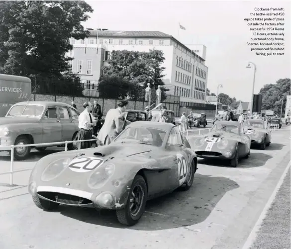  ??  ?? Clockwise from left: the battle-scarred 450 equipe takes pride of place outside the factory after successful 1954 Reims 12 Hours; extensivel­y punctured body frame; Spartan, focused cockpit; pronounced fin behind fairing; pull to start