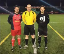  ??  ?? Seamus Kane ( Ballyshann­on) Barry Leonard ( EJs) Referee John Griffin.