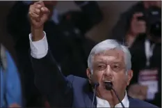  ??  ?? Presidenti­al candidate Andres Manuel Lopez Obrador delivers his victory speech in Mexico City’s main square, the Zocalo, late Sunday. Angry and frustrated over corruption and violence, Mexican voters delivered a tidal wave presidenti­al election victory...