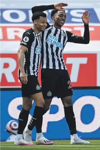  ?? EPA ?? Newcastle substitute Joe Willock, right, celebrates after scoring the winner against West Ham
