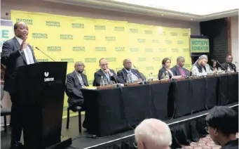  ??  ?? PATRICE Motsepe, billionair­e mining businessma­n, addresses a religious audience at the launch of the Motsepe Foundation’s national day of prayer which will take place at FNB Stadium on November 25.