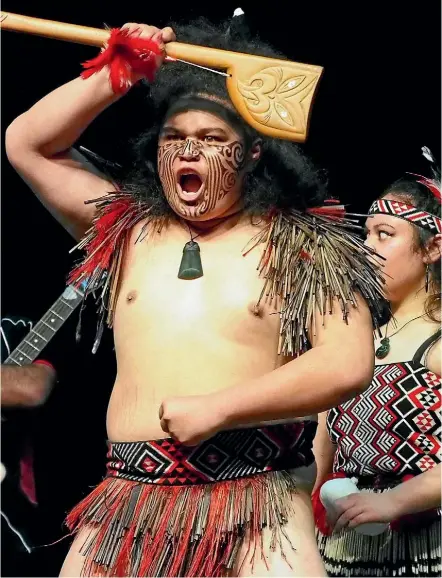  ??  ?? Rayden Kahukura-Peters leads the Taupo-nui-a-tia haka at the Ngati Tuwharetoa Taiopenga festival. The AC Baths sports centre was filled with teams from all over New Zealand demonstrat­ing their kapa-haka prowess.