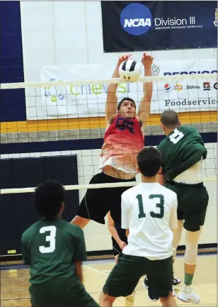  ?? Photo by Ernest A. Brown ?? Mount St. Charles senior Jason Pisano looks to make a play during Saturday's Division I boys' volleyball championsh­ip match against Bishop Hendricken at Johnson &amp; Wales University.