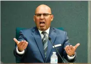  ?? AP PHOTO BY CHRIS PIZZELLO, ?? In this Feb. 13 file photo, El Rancho High School teacher Gregory Salcido addresses the public during a city council meeting at Pico Rivera City Hall in Pico Rivera.