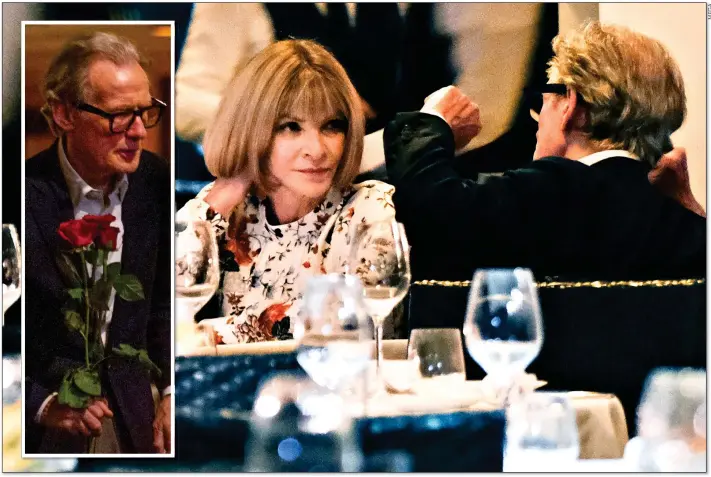  ??  ?? ROMANTIC GESTURE: Unusually, Vogue supremo Anna Wintour shed her customary dark glasses while dining with Bill Nighy in Rome, They are said to have become close since her marriage ended