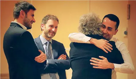  ??  ?? Nel 2018
La vittoria alle Politiche. Da sinistra: Alessandro Di Battista, 42 anni; Davide Casaleggio, 44; Luigi Di Maio 34. Di spalle, Grillo, 72