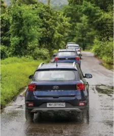  ??  ?? Far left: The oldschool coin trick to gauge tread depth.
Left: A drive out of town in the rains can be fun. Right: The Venue is wellequipp­ed to tackle tricky stuff