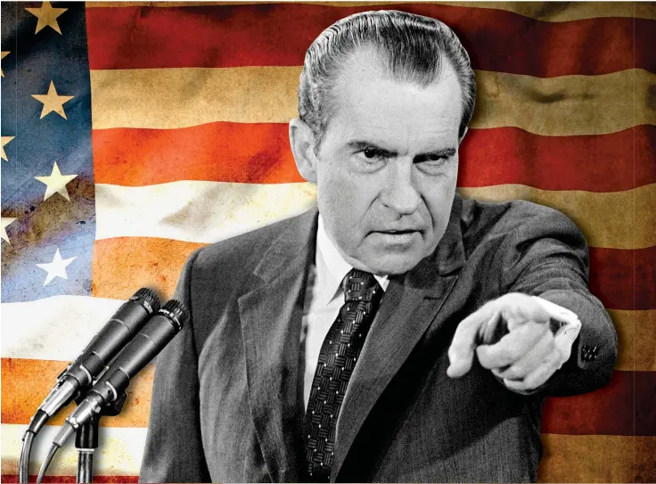  ??  ?? ‘GLOOMY GUS’: President Nixon faces reporters at a press conference in 1970