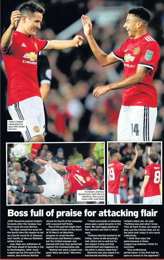  ??  ?? Jesse Lingard celebrates his goal with Ander Herrera Acrobatic Anthony Martial and, right Marcus Rashford, who scored twice, with Juan Mata