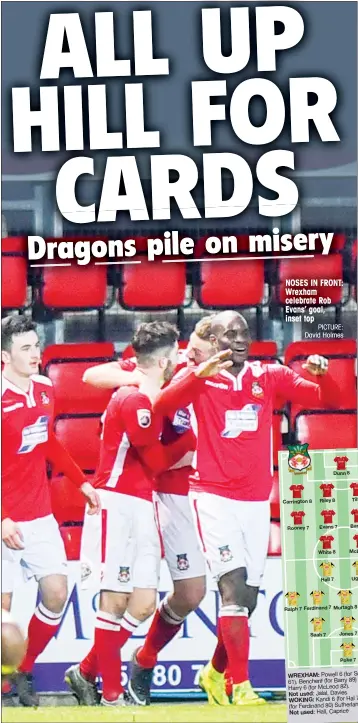  ?? PICTURE: David Holmes ?? NOSES IN FRONT: Wrexham celebrate Rob Evans’ goal, inset top