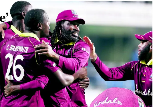  ?? FILE ?? Members of the Windies One-Day Internatio­nal cricket team celebrate after beating England by 26 runs in the second One-Day Internatio­nal cricket match at the Kensington Oval in Bridgetown, Barbados, on Friday, February 22, 2019.