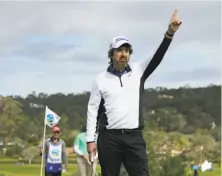  ??  ?? Comedian Ray Romano reacts after a putt at Pebble Beach Golf Links. Romano and partner Adam Schenk made the cut.