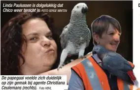  ?? FOTO SERGE MINTEN
Foto HBVL ?? Linda Paulussen is dolgelukki­g dat Chico weer terecht is. De papegaai voelde zich duidelijk op zijn gemak bij agente Christiana Ceulemans (rechts).