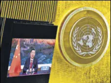  ?? REUTERS ?? Chinese President Xi Jinping speaks via video link during the 76th UN General Assembly at the UN headquarte­rs in New York.