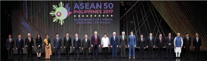  ?? ASSOCIATED PRESS ?? Leaders from Associatio­n of Southeast Asian Nations pose with their dialogue partners during the opening ceremony of the 31st ASEAN Summit at the Cultural Center of the Philippine­s in Manila yesterday. Story on Page 24.