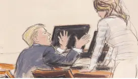  ?? ?? l En este boceto de la sala del tribunal, el ex presidente Donald Trump, previo a subir al banquillo de los testigos, gesticula y dice cosas en voz alta a su abogada Alina Habba, durante su juicio civil por difamación, ayer en un tribunal federal de Nueva York.