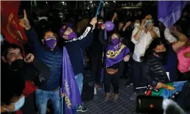  ??  ?? Supporters of leftwing parties celebrate in Santiago after their victories in Chile’s constituti­onal assembly elections. Photograph: Marcelo Hernández/Getty Images