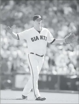  ?? JIM GENSHEIMER — STAFF PHOTOGRAPH­ER ?? San Francisco Giants starting pitcher Matt Cain reacts after throwing the last pitch of his career in the fifth inning at AT&T Park on Saturday.