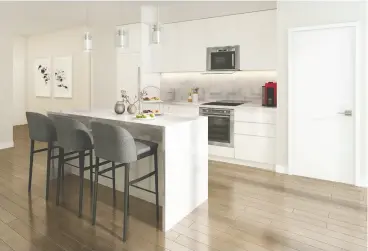  ??  ?? Terrasse’s units have high- end finishes — hardwood floors, quartz or granite countertop­s, custom kitchen cabinets and 10-foot ceilings.
