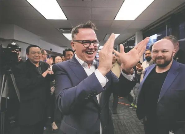  ?? DARRYL DYCK/THE CANADIAN PRESS ?? B.C. Liberal leader Kevin Falcon celebrates his convincing victory in Saturday's byelection for a seat in the legislatur­e for the riding of VancouverQ­uilchena. Former party leader Andrew Wilkinson resigned the seat to clear the way for his successor.