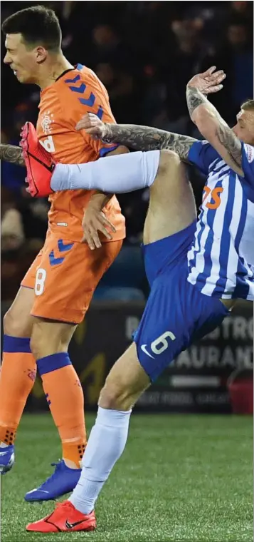  ??  ?? Killie’s Alan Power escaped any punishment for his kick on Ryan Jack last week