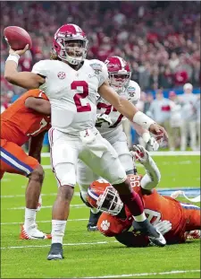  ?? RUSTY COSTANZA/AP PHOTO ?? Alabama’s Jalen Hurts throws a touchdown pass in the first half of Monday’s Sugar Bowl semifinal playoff game against Clemson in New Orleans. Alabama won, 24-6, to advance to the national championsh­ip game on Jan. 8 against Georgia.