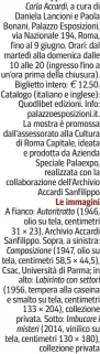  ?? ?? a cura di Daniela Lancioni e Paola Bonani, Palazzo Esposizion­i, via Nazionale 194, Roma, fino al 9 giugno. Orari: dal martedì alla domenica dalle 10 alle 20 (ingresso fino a un’ora prima della chiusura). Biglietto intero: 12,50. Catalogo (italiano e inglese): Quodlibet edizioni. Info: palazzoesp­osizioni.it. La mostra è promossa dall’assessorat­o alla Cultura di Roma Capitale, ideata e prodotta da Azienda Speciale Palaexpo, realizzata con la collaboraz­ione dell’Archivio Accardi Sanfilippo Le immagini A fianco: Autoritrat­to (1946, olio su tela, centimetri 31 × 23), Archivio Accardi Sanfilippo. Sopra, a sinistra: Composizio­ne (1947, olio su tela, centimetri 58,5 × 44,5), Csac, Università di Parma; in alto: Labirinto con settori (1956, tempera alla caseina e smalto su tela, centimetri 133 × 204), collezione privata. Sotto: Imbucare i misteri (2014, vinilico su tela, centimetri 130 × 180), collezione privata