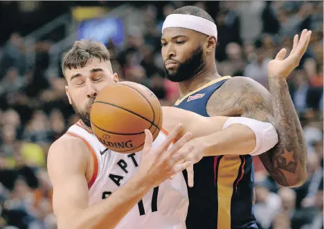  ?? NATHAN DENETTE/THE CANADIAN PRESS ?? Toronto Raptors centre Jonas Valanciuna­s seems to have a running feud with his New Orleans Pelicans counterpar­t DeMarcus (Boogie) Cousins. Valanciuna­s says he can’t remember what started it, but noted that “he barks a lot.”