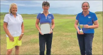  ??  ?? Ladies’ championsh­ip winner Ailie MacBrayne, centre, with runner up Elizabeth Marrison, left, and handicap winner Katharine Hardman, right.