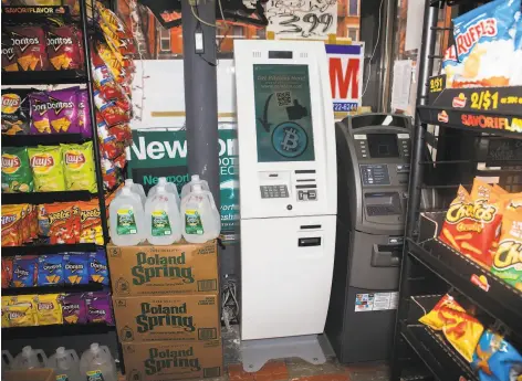  ?? Danny Ghitis / New York Times ?? Above: A bitcoin ATM in New York. Bitcoin trading on cryptocurr­ency exchanges has slowed, but one corner of its economy is still going strong: illegal activity. Below: Monopoly is one of the newest black markets; another screenshot shows listings for opioids.