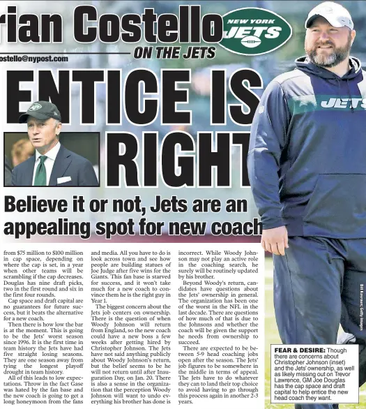  ??  ?? FEAR & DESIRE: Though there are concerns about Christophe­r Johnson (inset) and the Jets’ ownership, as well as likely missing out on Trevor Lawrence, GM Joe Douglas has the cap space and draft capital to help entice the new head coach they want.