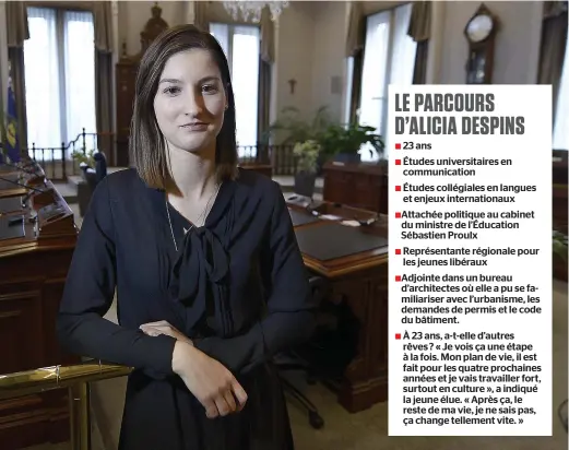  ?? PHOTO DIDIER DEBUSSCHÈR­E ?? Le Journal a rencontré Alicia Despins à l’hôtel de ville de Québec. Elle admet être un peu perdue lorsqu’elle parcourt les corridors.